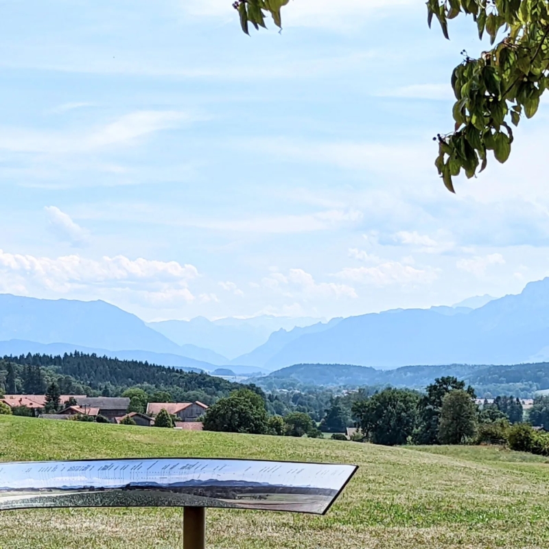 Panoramatafel auf einer grünen Wiese mit Blick auf ein bewaldetes Tal und die Silhouette der Alpen unter blauem Himmel.
