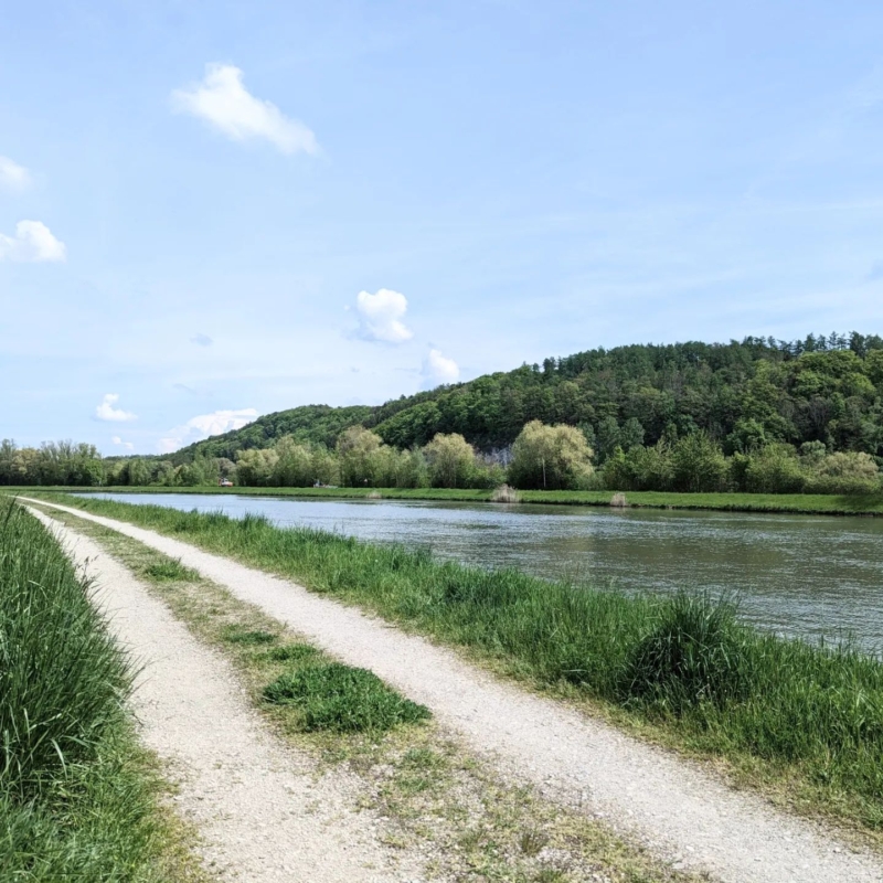 Heller Schotterweg führt entlang eines Flusses, gesäumt von grünen Wiesen und bewaldeten Hügeln unter blauem Himmel.