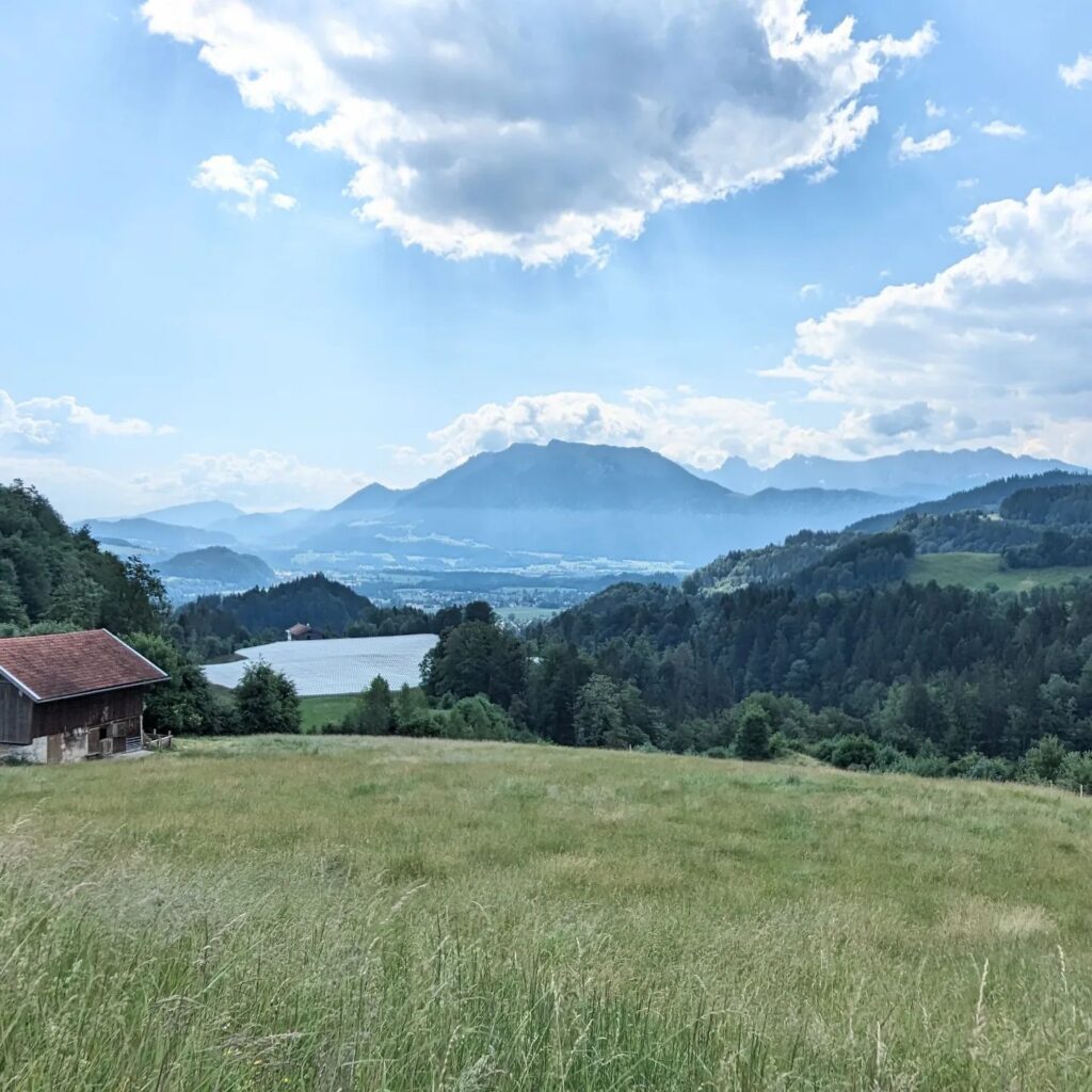 Blick über eine weite grüne Wiese und bewaldete Hänge auf ein Gebirgsmassiv unter blauem Wolkenhimmel.