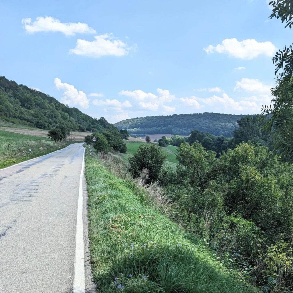 Asphaltierte Landstraße in hügeliger, grüner Landschaft mit Wäldern und blauem Himmel mit weißen Wolken im Sommer.