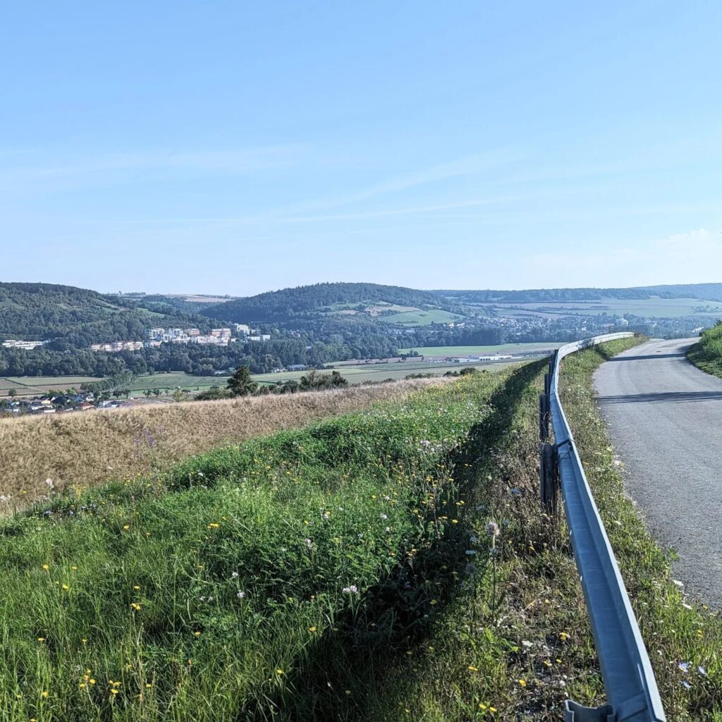 Asphaltierte Straße mit Leitplanke führt an einem Grashang entlang mit Blick auf ein bewaldetes Tal und eine Stadt.