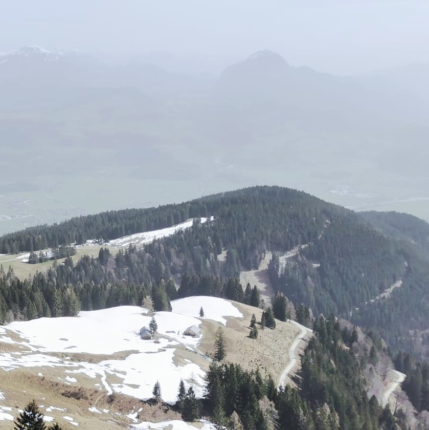 Panoramablick von einem bewaldeten Berghang mit Schneeresten und Wanderweg auf ein nebliges Tal mit Berggipfeln.