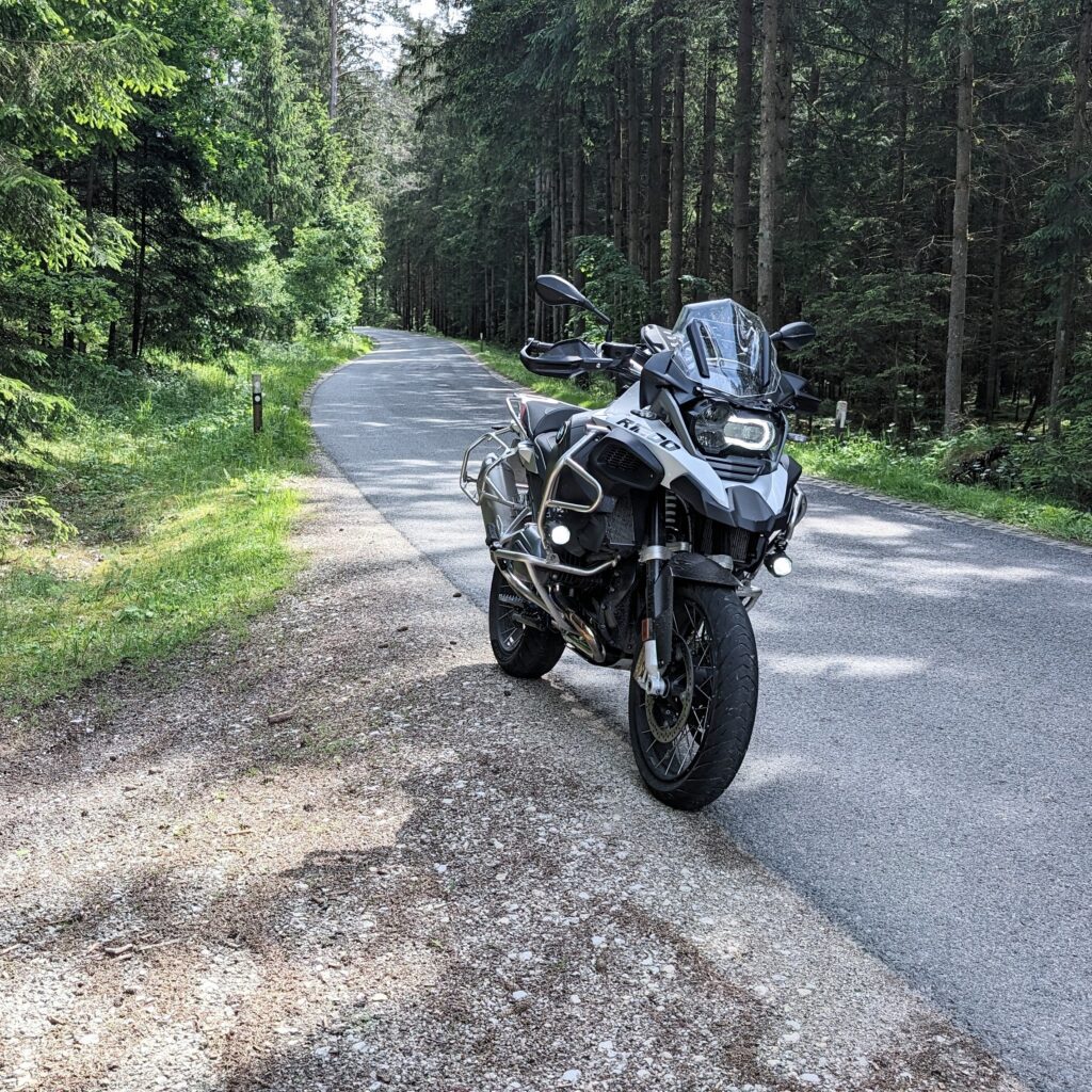 Motorrad steht auf einer asphaltierten Waldstraße, umgeben von hohen Bäumen.