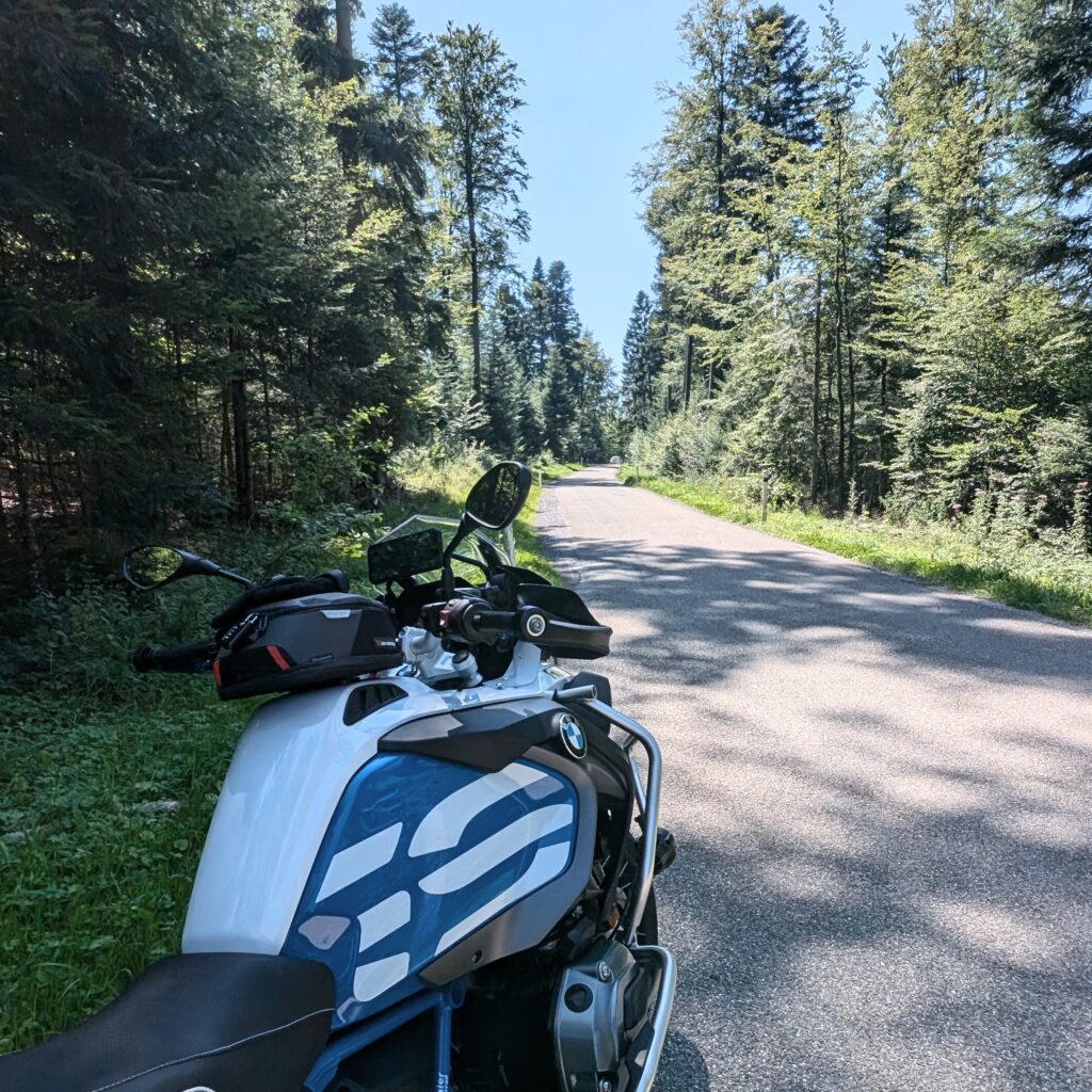 Weiß-blaues BMW-Motorrad steht am Rand einer schmalen, asphaltierten Straße durch einen Wald im Sommer.