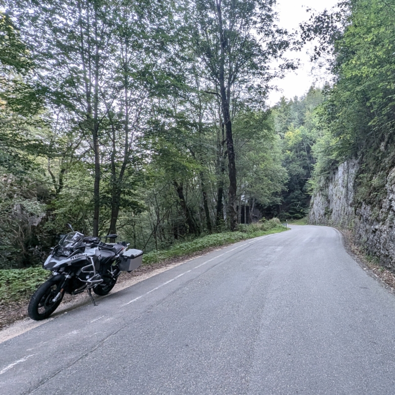 BMW R 1200 GS mit Seitenkoffern steht am Rand einer asphaltierten, gewundenen Straße, umgeben von einem dichten Wald.