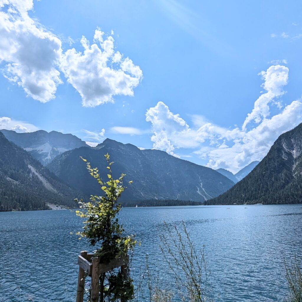 Bergsee mit dunklem Wasser und hohen, dicht bewaldeten Berghängen unter einem blauen Himmel mit Cumuluswolken.