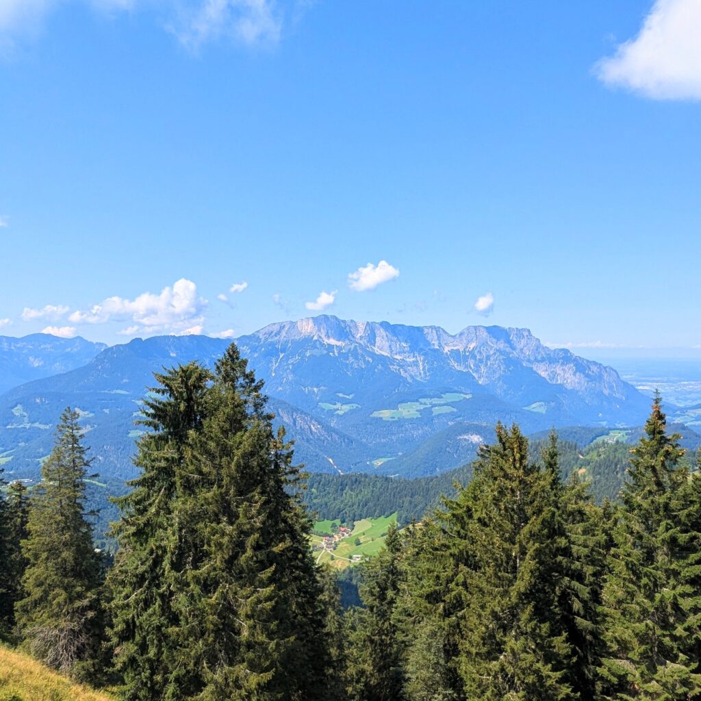 Alpenpanorama mit dem Watzmann-Massiv im Hintergrund, umrahmt von grünen Wäldern und Tannen im Vordergrund.