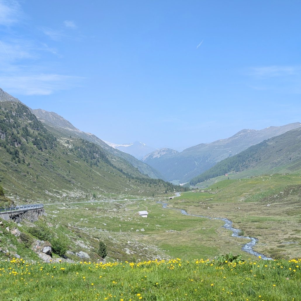 Blick über eine Blumenwiese in ein weites grünes Hochgebirgstal mit mäandrierendem Fluss und einem kleinen Haus.
