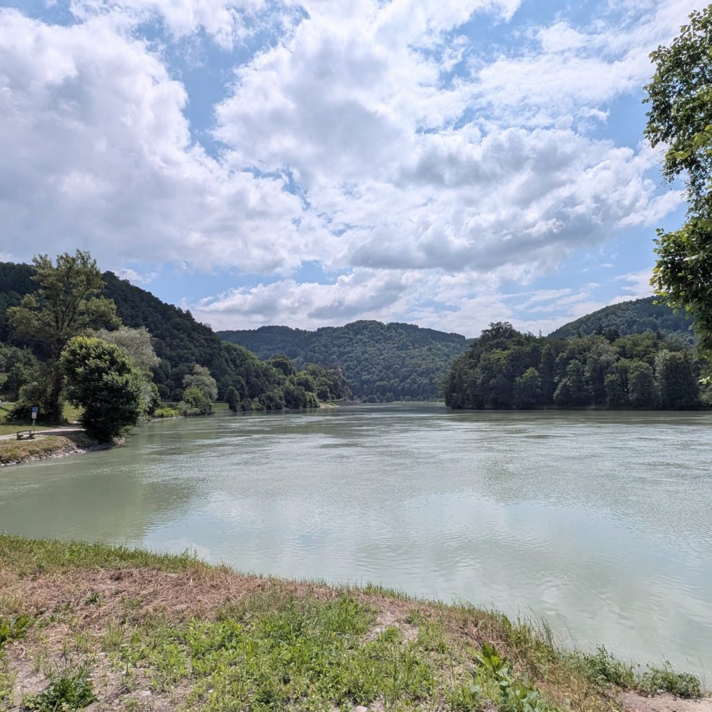 Panoramablick auf die Donau und mit Waldgebiet links und Brücke in der Ferne.
