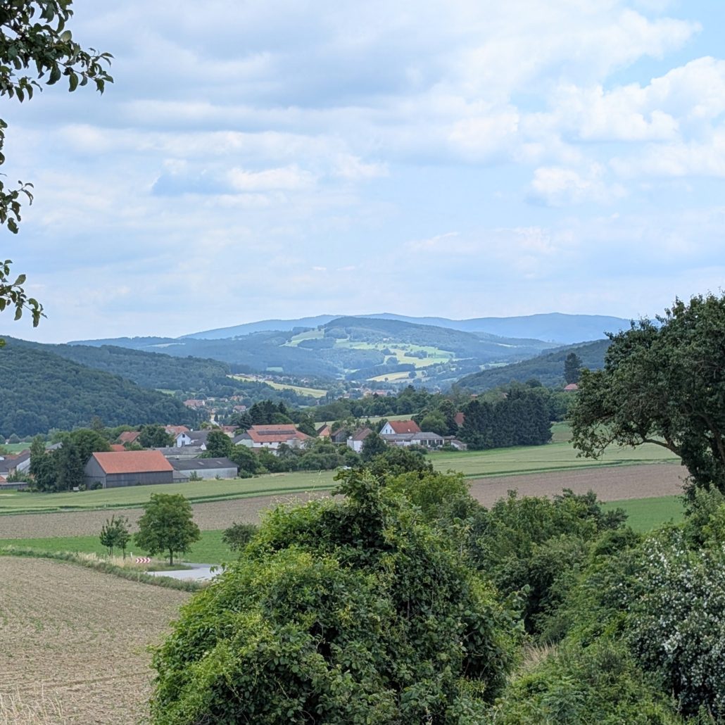 Blick auf ein Tal mit einem Dorf, roten Scheunendächern, Feldern und bewaldeten Hügeln im Hintergrund.