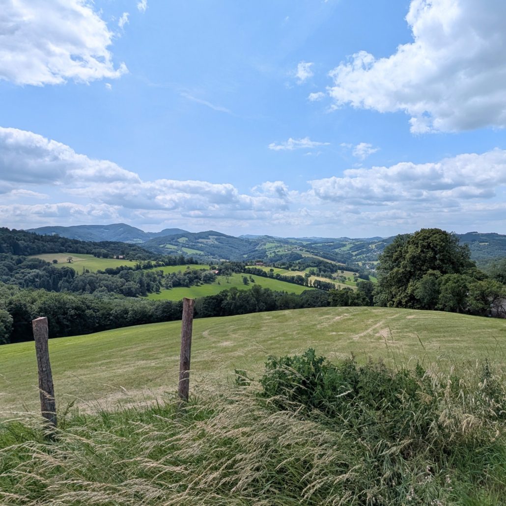 Weite hügelige Landschaft mit Wäldern, grünen Wiesen und vereinzelten Bäumen unter blau-weißem Himmel.