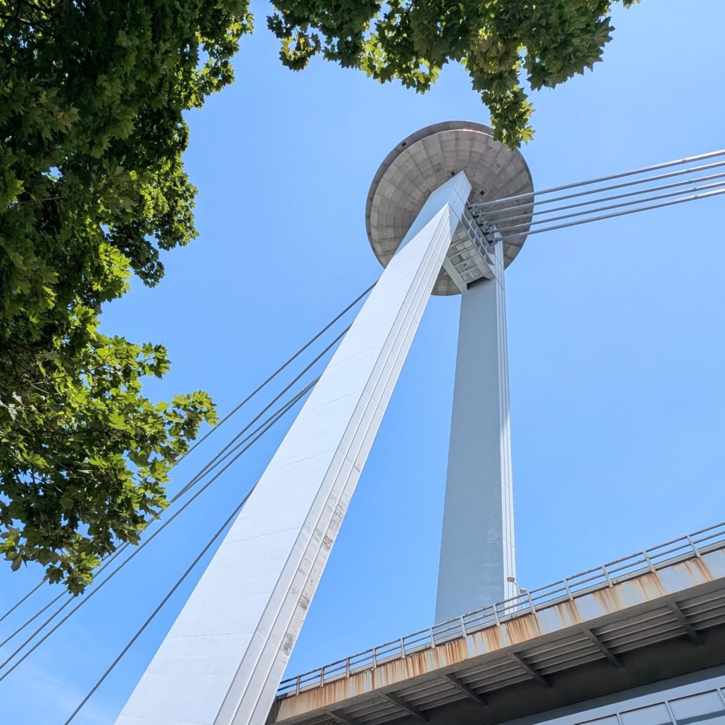 Aufnahme des Aussichtsrestaurants UFO auf der Most SNP in Bratislava von unten, umrahmt von grünen Blättern.