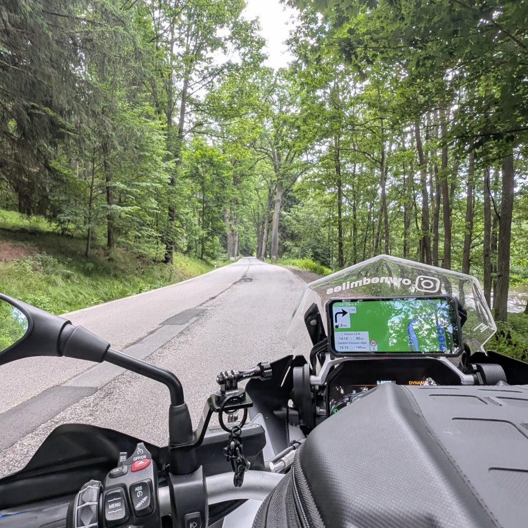 Motorrad-Cockpit auf einer bewaldeten Straße mit Navigationsbildschirm, der eine Karte anzeigt.