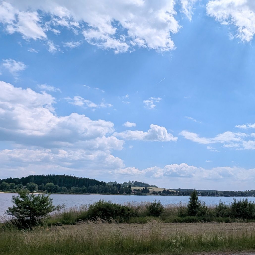 Blauer Himmel mit weißen Wolken über einem See, umgeben von einem Waldrand und einer Wiese im Vordergrund.