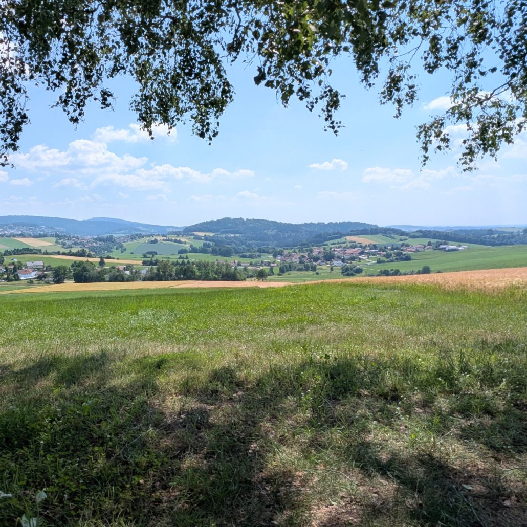 Sonnige, weite Landschaft mit grünen und gelben Feldern, dörflichen Häusern und bewaldeten Hügeln im Hintergrund.