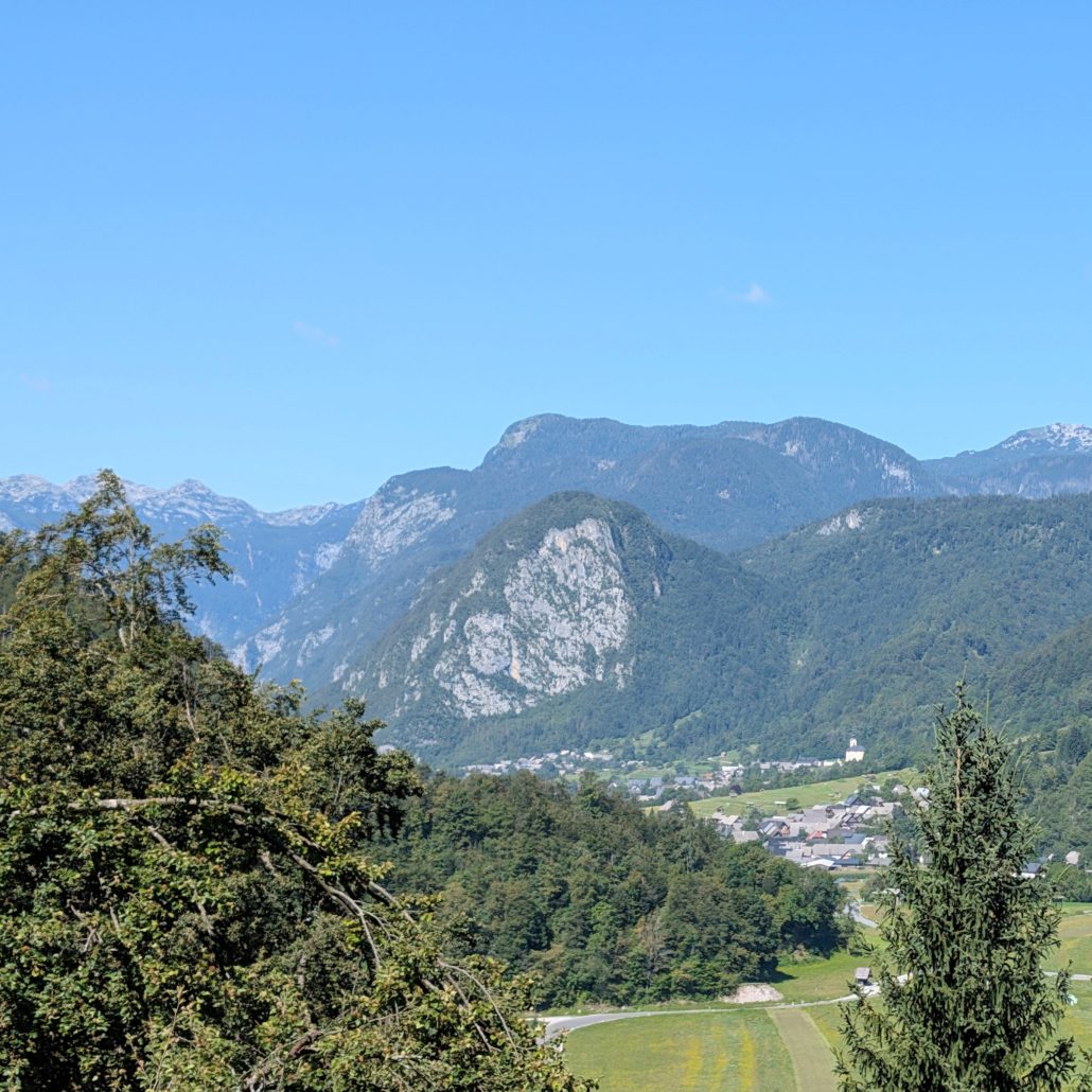 Blick auf ein grünes Tal mit Dorf und Feldern, umgeben von dicht bewaldeten und felsigen alpinen Bergketten.