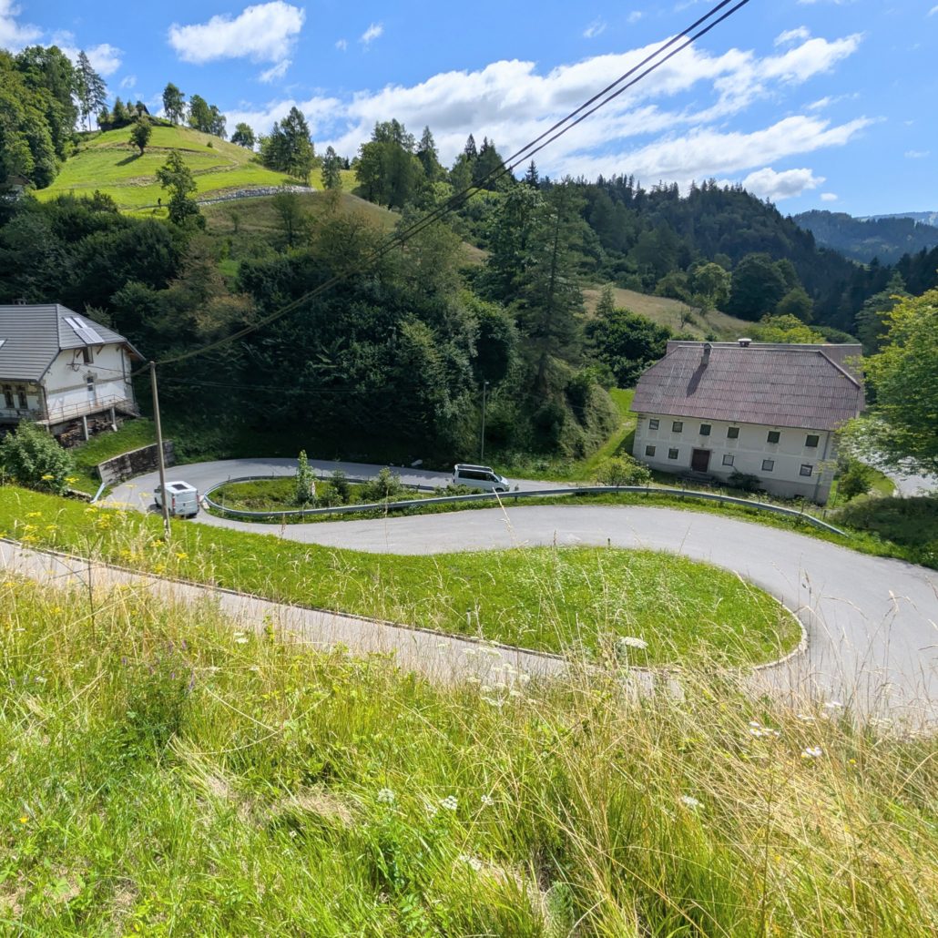 Gewundene Serpentinenstraße in den grünen Hügeln, gesäumt von Wiesen und Wäldern, mit zwei traditionellen Häusern.