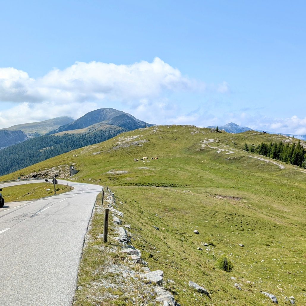 Geschwungene Bergstraße auf einer grünen Almwiese unter blauem Himmel mit weißen Wolken; Kühe grasen im Hintergrund.