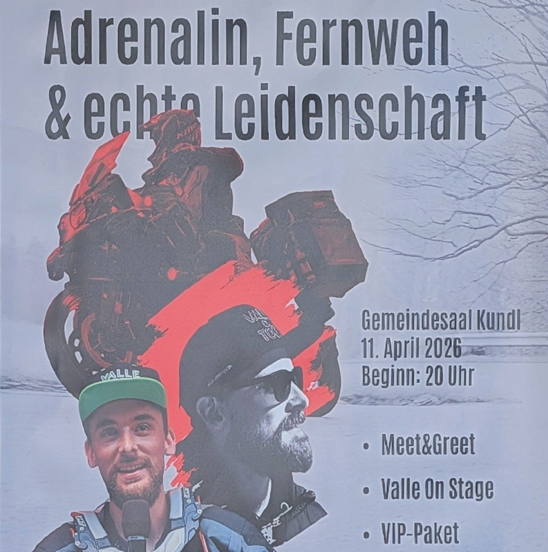 Event-Plakat mit Motorradfahrer Valle on Tour: "Adrenalin, Fernweh & echte Leidenschaft", 11. April 2026, Kundl.